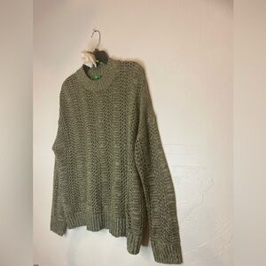 Dip~Oversized Olive Green & Tan Knit Sweater~Open Weave~Ribbed Cuff & Hem~Size L